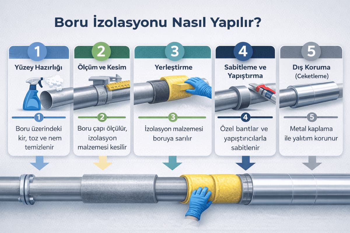 boru izolasyonu nasıl yapılır yüzey hazırlığı ölçüm kesim yerleştirme sabitleme ve dış kaplama aşamaları